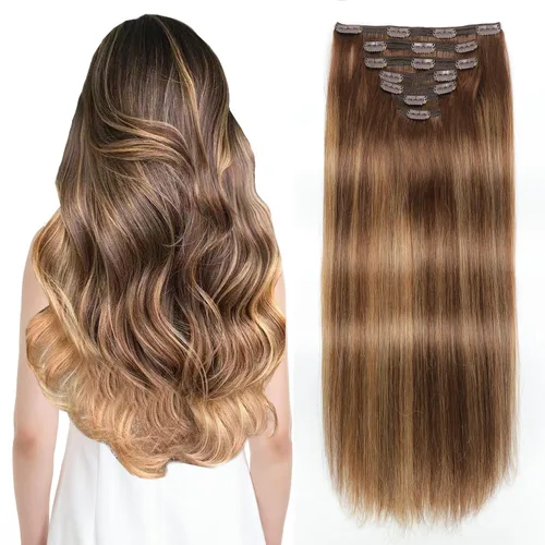 Vista 14 de Sisily - Extensiones de cabello con clip de cabello humano real, 30 cm 70 g, balayage de marrón chocolate a rubio, 100% cabello humano Remy