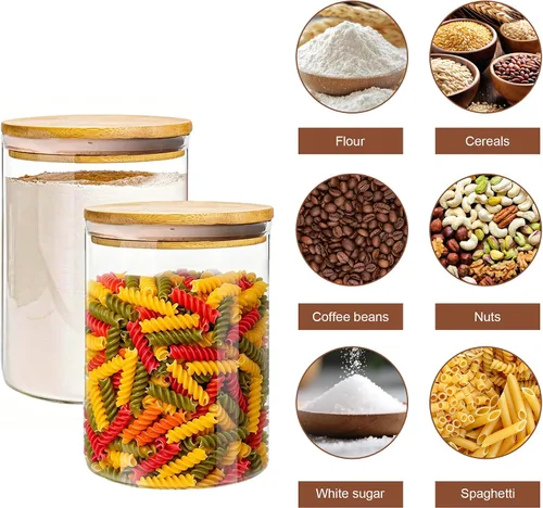 Vista 5 de 2 bolsas de tarros de almacenamiento de vidrio cubiertos de bambú para alimentos secos