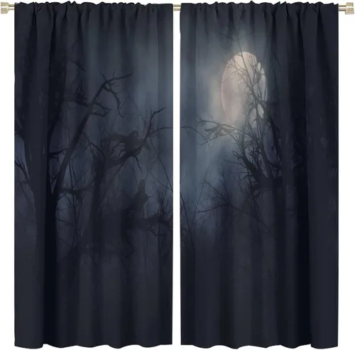 Vista 22 de Cortinas góticas rústicas con estampado de cuervo de bosque brumoso, rama, luna, bolsillo para barra, cortinas de ventana para dormitorio, sala