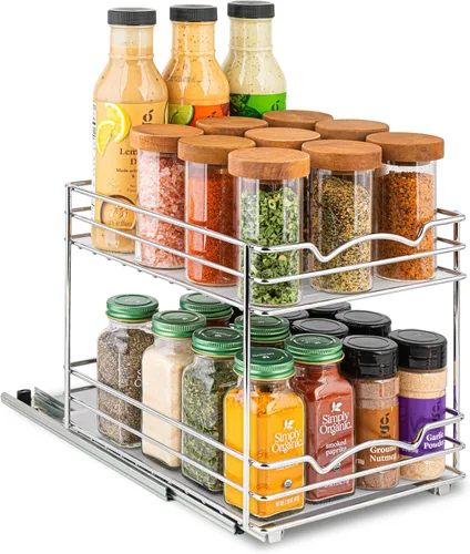Vista 10 de Organizador de especias extraíble para gabinete – resistente cromado deslizante para especias 14 in de ancho x 10 3/8 in de profundidad x 2 1/8 in