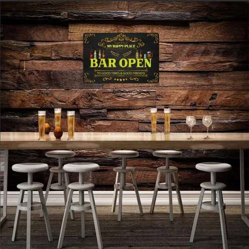 Vista 5 de Letrero de metal vintage con texto en inglés «My Happy Place Bar Open To Good Times & Good Friends», letreros divertidos de cerveza para el hogar