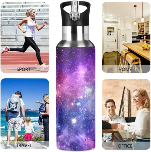 Vista 5 de Moudou Purple Galaxy - Botella de agua deportiva de acero inoxidable con tapa con pajilla, doble pared aislada al vacío, 20 onzas