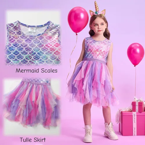 Vista 4 de DXTON Vestidos tutú para niñas pequeñas, vestido de verano de tul de sirena para fiesta de cumpleaños para 3-8 años