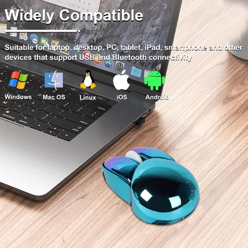 Vista 7 de Ratón inalámbrico Bluetooth lindo conejito de doble modo ratón portátil pequeño 2.4G ratón óptico con receptor USB silencioso azul Kawaii conejo