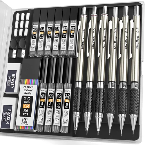 Vista 10 de Nicpro Juego de lápices mecánicos artísticos de 0.020 in en estuche de almacenamiento, 3 lápices de dibujo de metal con 6 recambios HB de tubo, 3