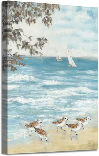 Vista 12 de Arte de pared enmarcado costero abstracto, imagen de silla de playa, pintura moderna del océano, impresiones de paisaje marino relajante, decoración