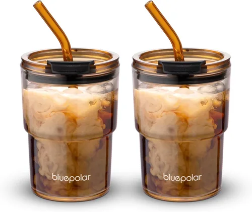 Vista 7 de BLUEPOLAR Vaso de Agua de Vidrio de 13oz/400ml con Pajita y Tapa Sellada para Llevar Pared Gruesa Taza de Café Helado Vaso de Vidrio para Agua, Té