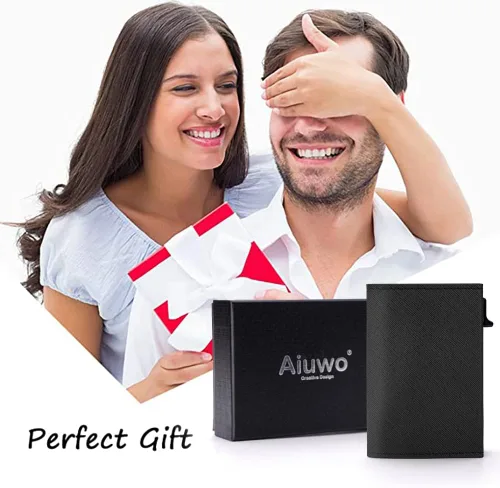 Vista 6 de Aiuwo Carteras para hombre, tarjetero de crédito para hombre, clip de dinero con bloqueo RFID, billetera minimalista delgada con paquete de regalo