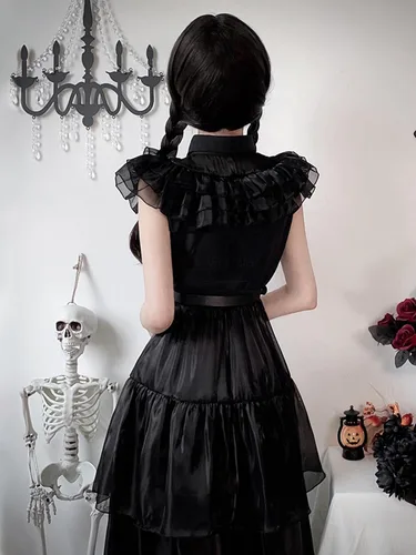 Vista 6 de Wednesday Addams - Disfraz para niñas, disfraz de Addams, disfraz de Halloween, disfraz de Navidad, fiesta