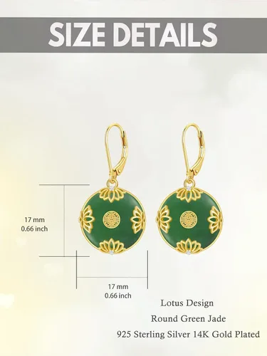 Vista 4 de HPQQ Aretes de jade para mujer, diseño de loto, trébol, rosa, girasol, colibrí, libélula, brújula, árbol de la vida, chapado en oro de 14 quilates