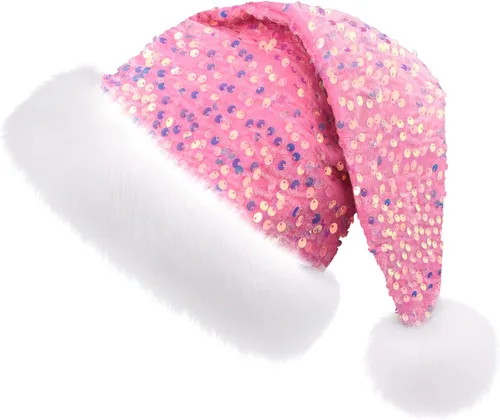 Vista 10 de Sombrero de Navidad Morado para Adultos, Sombrero de Papá Noel con Lentejuelas Moradas Personalizado Súper para Navidad Vacaciones Fiesta de Año