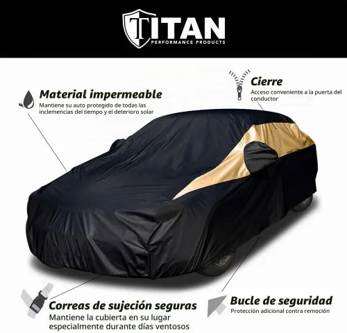 Vista 4 de Cubierta de coche Titan Jet Black Poly 210T para sedanes 186-202". Impermeable, protección UV, resistente a los rasguños, apertura con cremallera