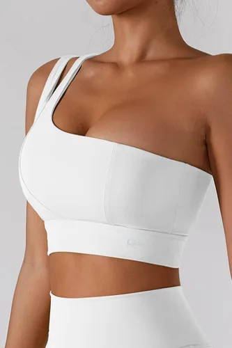 Vista 2 de QINSEN Sujetador de yoga de un hombro para mujer, tirantes recortados, atléticos, para correr, entrenamiento