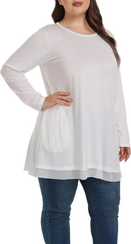 Vista 4 de Shiaili Camisetas tipo túnica de talla grande para mujer, camisas largas y fluidas para leggings (blanco, 3X)