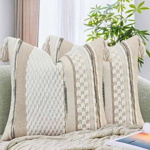 Vista 13 de AmHoo - Fundas de almohada de 18 x 18 pulgadas con borlas, fundas de almohada decorativas tejidas con textura de chenilla estilo boho para sofá