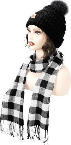 Vista 2 de Winter Hat Scarf Gloves and Ear Warmer, Knit Warm Beanie Hat Touch Screen Gloves Long Knitted Plaid Scarf Set Gifts for Women