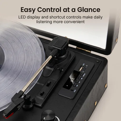 Vista 7 de Reproductor de discos de vinilo con altavoces integrados, tocadiscos de entrada Bluetooth de 3 velocidades, grabación y reproducción USB/TF