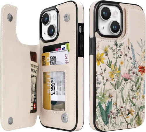 Vista 59 de uCOLOR - Funda tipo cartera para iPhone 15 con tarjetero y diseño de lunares con leche de almendra Bloqueo RFID de piel sintética para mujeres