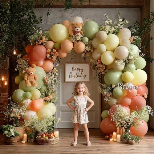Vista 5 de Arco de globos de color rosa polvoriento, amarillo y verde, de doble relleno, color amarillo claro, melocotón, blanco, arena, malva, pastel, kit