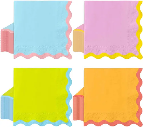 Vista 12 de Whaline 100 servilletas de papel festoneado azul, verde, rosa, amarillo, servilletas de almuerzo, desechables, decorativas, para postres, cenas