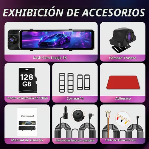 Vista 9 de Cámara de tablero de espejo de 3 canales con frontal 3K, cabina y trasera 1080P, cámara de espejo retrovisor de 11 pulgadas con WiFi/visión