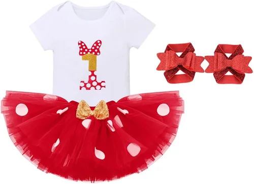 Vista 2 de IBTOM CASTLE Vestido de 1er cumpleaños para niñas con diseño de pastel y falda tutú de lunares, sandalias descalzas para fotografía