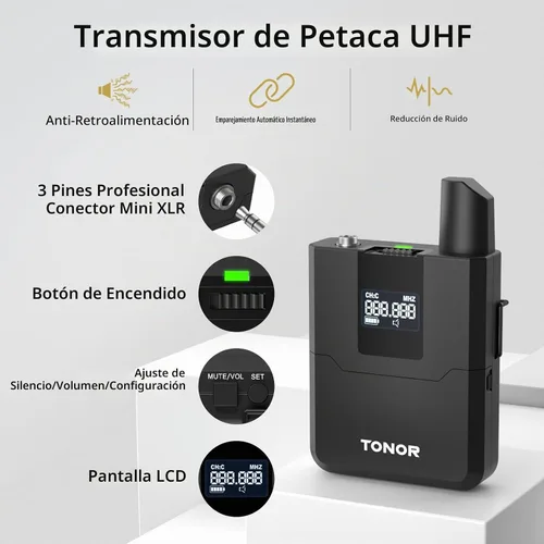 Vista 5 de TONOR Sistema de Micrófonos Inalámbricos con Auriculares UHF/Micrófonos de Solapa Lavalier, Transmisor Corporal, Receptor, 4 x 10 Canales, Alcance