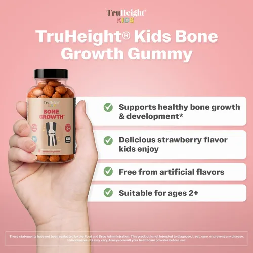 Vista 2 de TruHeight Gomitas para el Crecimiento Óseo de Niños (Fresa, Edades 2+) Nutrición Alta para el Crecimiento Natural en Niños y Pequeñitos - Vitamina