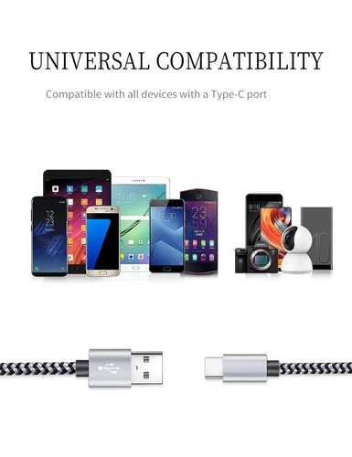 Vista 10 de Cable USB tipo C de carga rápida, Tpc001, paquete de 5 (6 pies 3 A), cables de carga C trenzados compatibles con Samsung S10e/note 9/s10/s9/s8