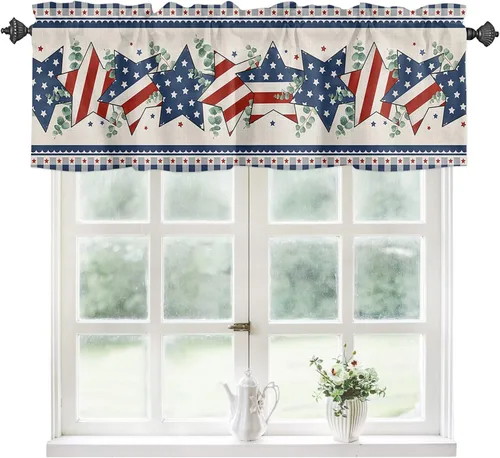 Vista 77 de Cortinas de cocina de Navidad, cenefa semitransparente ajustable con lazo, muñeco de nieve, copo de nieve, bolsillo para barra, tratamiento