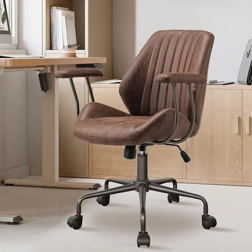 Vista 15 de Silla de oficina Mid Century Modren, silla ejecutiva giratoria con soporte lumbar, silla de escritorio ergonómica de respaldo medio con ruedas Beige