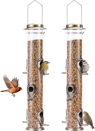 Vista 12 de MIXXIDEA 1PK Alimentadores de pájaros metálicos con 6 puertos de alimentación, alimentador de pájaros de tubo con colgador de acero, alimentador