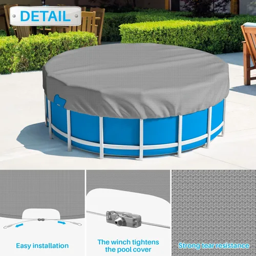 Vista 3 de Patio Cubiertas redondas para piscinas sobre el suelo, cubierta de seguridad para alberca de invierno de 10 pies, lona resistente con cabrestante