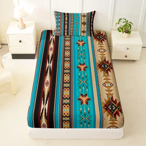 Vista 33 de Juego de ropa de cama de estilo bohemio occidental, tamaño individual, diseño de vaca atrapasueños, sábana bajera ajustable del suroeste, tribu