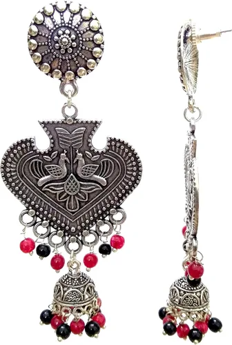 Vista 2 de DESI HAWKER pendiente de plata oxidada Bali Jhumki Jhumka joyería Bollywood gota colgante lámpara de pavo real NI-165