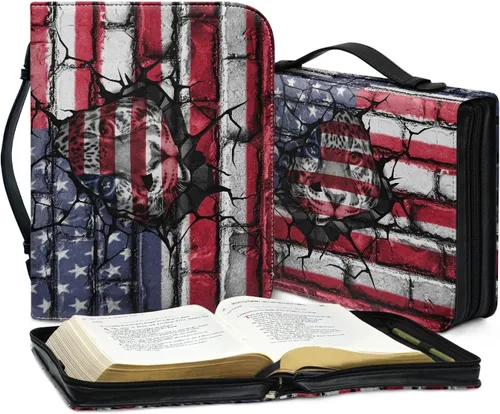 Vista 5 de Bengbobar Fundas para la Biblia con diseño de guepardo de la bandera estadounidense, funda impermeable para libros para mujeres y hombres, funda