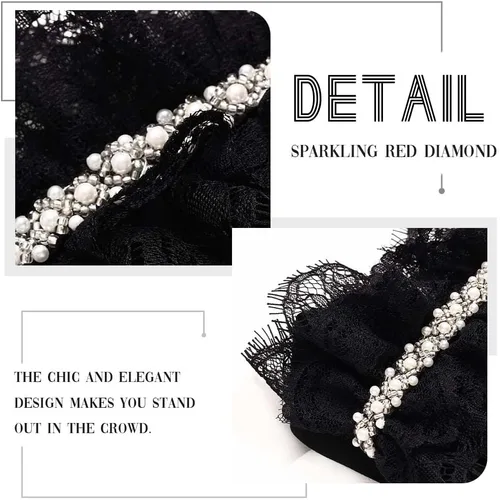 Vista 7 de Gargantilla de encaje negro, collar gótico de plumas naturales, collar de perlas, cuello de perlas para fiesta de Halloween, joyería de disfraz