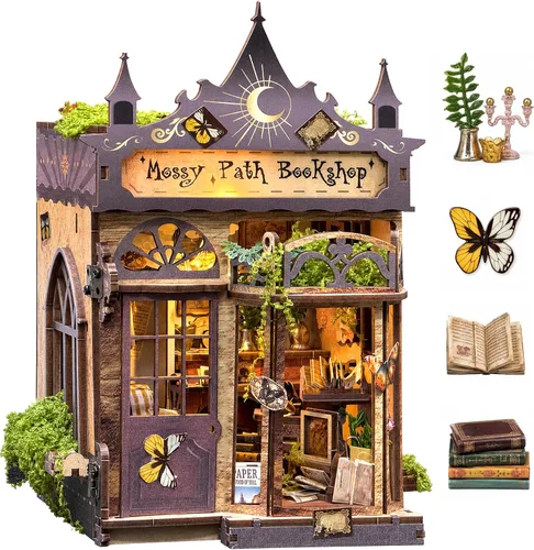 Vista 18 de Kit de rincón de libros, casa en miniatura con luces LED, rompecabezas de madera 3D para adultos, kit de construcción de mini casa de muñecas