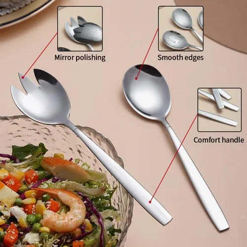 Vista 4 de Evanda Juego de servidor de ensalada de 4 piezas, juego de servir de acero inoxidable, cuchara, servidores, tenedor, apto para lavavajillas