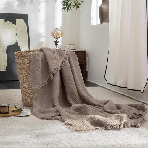 Vista 16 de FOSSA Manta de Muselina con Flecos - Gasa de Algodón 100% de 4 Capas Súper Suave y Transpirable - Manta Decorativa Ligera y Refrescante para Cama