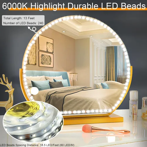 Vista 4 de Luces LED para Espejo de Tocador para Mesa de Maquillaje y Tocador, Kit de Tira de Luz LED Flexible de 13 pies, 6000K Luz Blanca Diurna con Blanco
