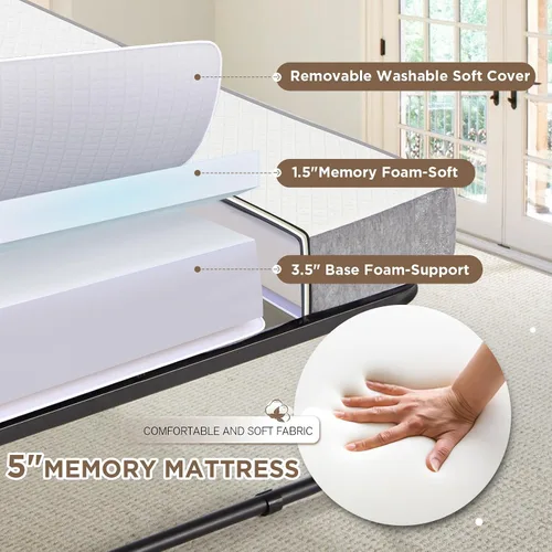 Vista 5 de MELLCOM Cama plegable grande de 75" x 46" con colchón, cama enrollable con colchón para adultos, colchón de espuma viscoelástica de 5 pulgadas