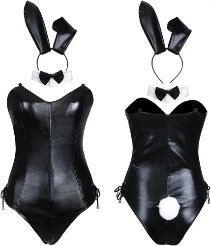 Vista 2 de Disfraz de conejito Senpai para mujer, traje de cosplay de anime de una pieza con orejas de conejo, conjunto de medias
