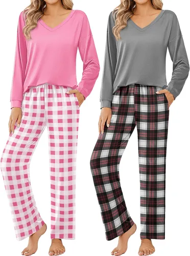 Vista 9 de Ekouaer Conjunto de 2 pijamas para mujer, pijamas de manga larga con camiseta y pantalones, cuello en V, pijamas suaves con bolsillos, ropa