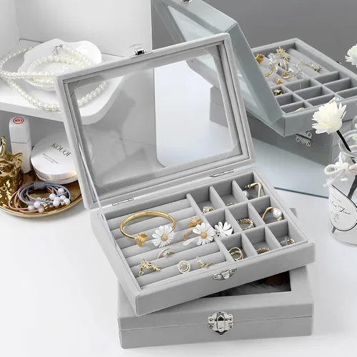 Vista 7 de Caja de almacenamiento de cristal de terciopelo para joyas, bandeja para anillos, aretes, organizador de anillos, collar y joyero