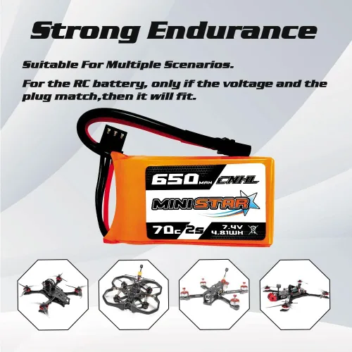 Vista 5 de CNHL Batería Lipo de 650mAh 7.4v 2s 70C con enchufe XT30 para 120 tamaño FPV Torrent 110 Inductrix FPV Racing Drone como EMAX Tinyhawk 2 Tiny Whoop