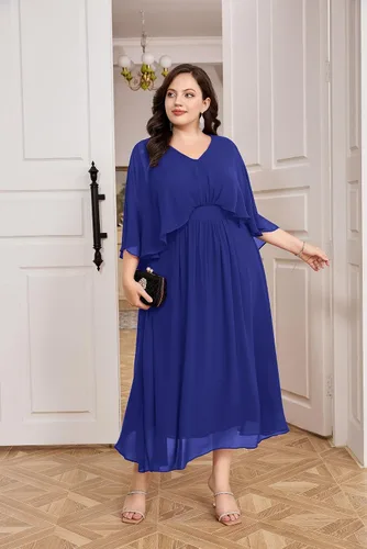 Vista 6 de Hanna Nikole Vestido de fiesta de noche de gasa con cuello en V para mujer, talla grande, manga capa, maxi vestidos para invitados de boda