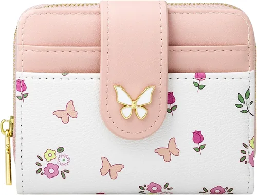 Vista 18 de BIAOTIE - Cartera para mujer con flores bonitas, con bloqueo RFID, tarjetero para tarjetas de crédito, monedero pequeño de dos pliegues