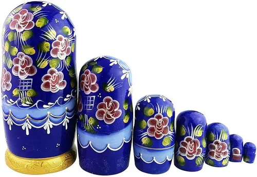 Vista 4 de Winterworm Hermoso patrón azul y dorado de cuento de hadas hecho a mano de madera tradicional rusa muñecas de anidación Matryoshka Set de 7 piezas