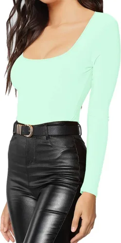 Vista 150 de MANGDIUP Body esencial para mujer, cuello redondo, manga larga, ajustado, elástico, de algodón y elastano